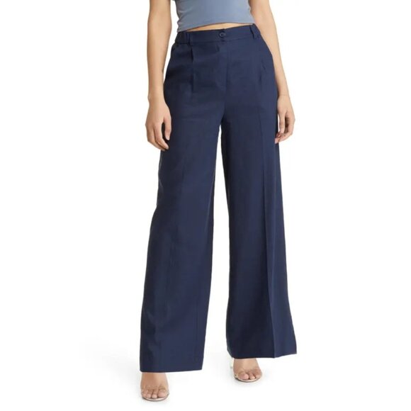 Open Edit Linen Blend Wide Leg Trousers In Navy Blazer Size Medium NWOT $69 MSRP - Picture 1 of 8